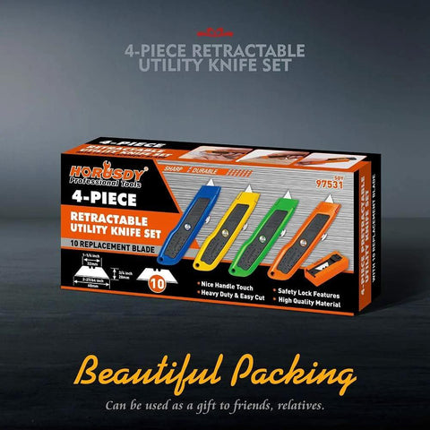 Front view of HORUSDY 4-piece retractable utility knife set box with blue, yellow, green and orange handles and 10 blades.