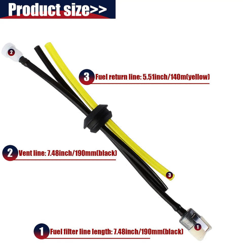Pro Grade Fuel Tank Grommet Kit With Fuel Line Filter And Primer Bulb For Echo Blower And String Trimmer Fits 20mm Tank Hole Replacement Parts 13211546730 125527 90097 900103, featuring black and yellow lines with measurements in inches and mm