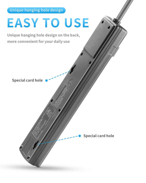 Back view of gray 6-Outlet Surge Protector Power Strip 2-Pack With 1200 Joules 6ft cord showing hanging holes for easy use