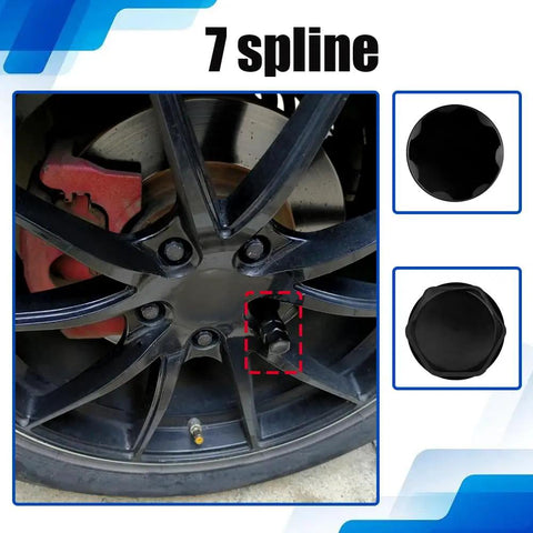7 Spline Lug Nut Socket Wheel Lock Key Replacement For Aftermarket Lug Nuts on black wheel close-up