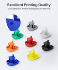 Several small colorful plastic toy boats on a white background; blue boat close-up inset.