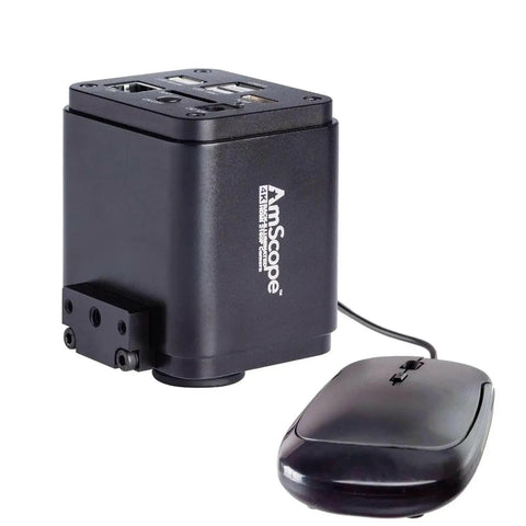 4K 30fps 8MP Microscope Camera With BSI CMOS Sensor, HDMI, LAN And WiFi, C Mount, next to a computer mouse