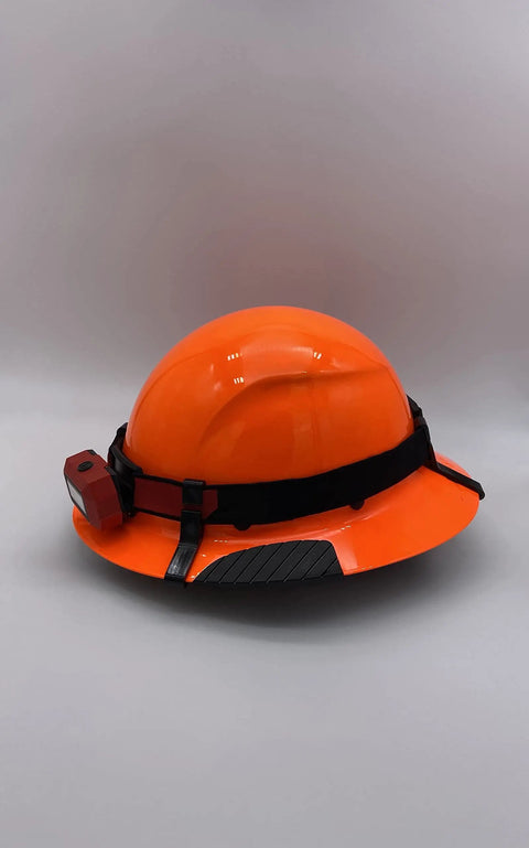 Image of an orange full brim hard hat with hard hat clips for Lift Brand Helmets, patent pending, front back size options, USA made, easy install.