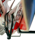 Close-up of heavy duty snowboard wall mount rack for garage organization showing metal brackets and padding