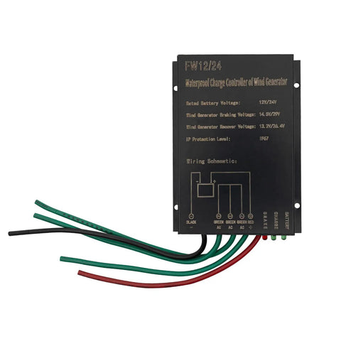 Controller unit for Beefy 400 Watt Wind Turbine Kit With DC Helix Maglev Axis, showing wiring schematic and colored cables.