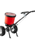 Red 90 Pound Broadcast Spreader Walk Behind For Lawn Care And Yard Maintenance With 12.5 Inch Pneumatic Wheels and Big 90 Lb Hopper