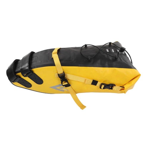 Bikepacking Saddle Bag 13L Waterproof 500D PVC Cargo Pack With Secure Buckle And Rope Attachment for long rides, yellow and black.