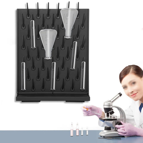 AngelcityCC 52-Peg Lab Glassware Drying Rack Pegboard with test tubes and flasks mounted for neat organization.