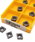 Top Rated 10 Piece Carbide Turning Inserts For Precision CNC Lathe Machining With Tough Wear Resistant CCMT060204 Tool Holder parts in yellow box.