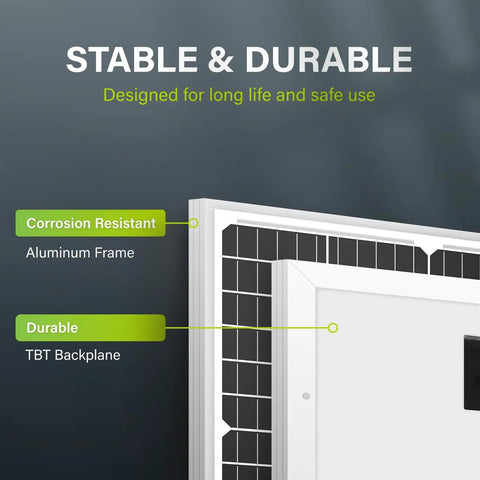 Close-up of 10BB 35W 12V Solar Panel High Efficiency Monocrystalline PV Module For Off Grid Systems IP67 Waterproof, showing frame and backplane.