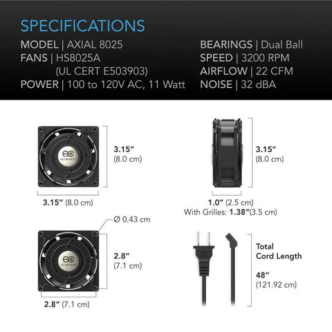 Specifications table showing dimensions of Dual 120mm Muffin Fan With Speed Controller For Doorways And Rooms UL Certified Quiet Air Circulation.