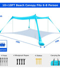 10x10ft beach tent sun shelter pop up canopy with UPF50 plus shade, sandbags, poles, and shovel, fitting 6-8 people.