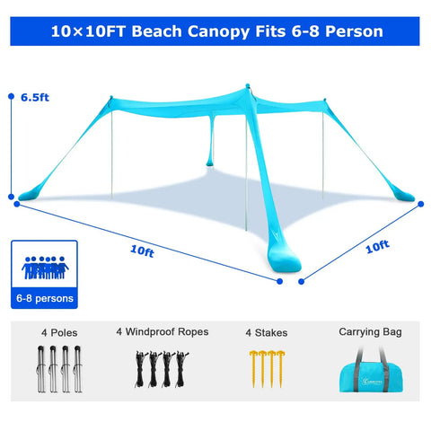 10x10ft beach tent sun shelter pop up canopy with UPF50 plus shade, sandbags, poles, and shovel, fitting 6-8 people.