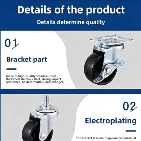 Four Pack Heavy Duty Flat Top Plate Caster Wheels With Dual Swivel And Double Wheel Brakes showing stainless steel bracket and poly wheel.