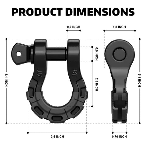 Beefy D Ring Shackles Set 68,000 Lbs Break Capacity 17,000 Lbs WLL Two Pack With Seven Eighths Inch Screw Pin For Tow Strap Winch Off Road Vehicle Recovery Green dimensions diagram