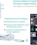 Power adapter requirements for Dope Electronic Fun Kit Bundle with Breadboard, Jumper Wires, Resistors, Capacitors, LEDs, Potentiometer, Power Module and 200 plus components for Arduino projects, showing voltage and plug size specifications.