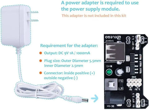 Power adapter requirements for Dope Electronic Fun Kit Bundle with Breadboard, Jumper Wires, Resistors, Capacitors, LEDs, Potentiometer, Power Module and 200 plus components for Arduino projects, showing voltage and plug size specifications.