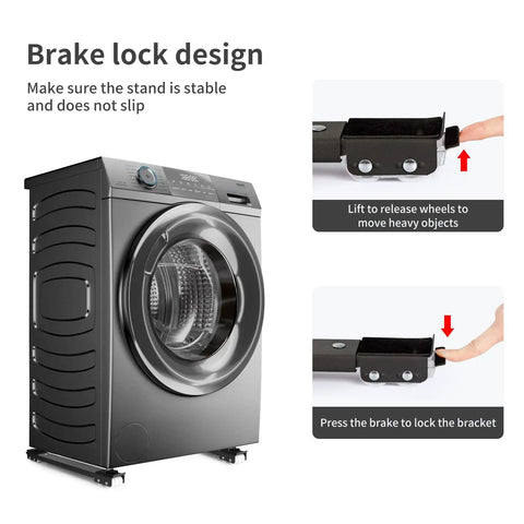 Appliance roller dolly under washing machine demonstrating brake lock design for stability, part of Expandable Appliance Roller Dolly For Washer And Dryer With Heavy Duty 661 Lb Capacity, Versatile Base Mover For Refrigerators Washers Dryers Dishwashers And More, Tough Metal Stand On Wheels For Easy Rearranging.