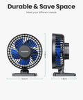 Front and side view of USB Desk Fan Personal Portable Cooler Tiny Yet Mighty With 3 Speeds Quiet Under 50dB Tabletop Fan For Home Office Car Travel Blue Ultra Lightweight Adjustable Tilt Head USB Powered Compact Comfort For Hot Summers