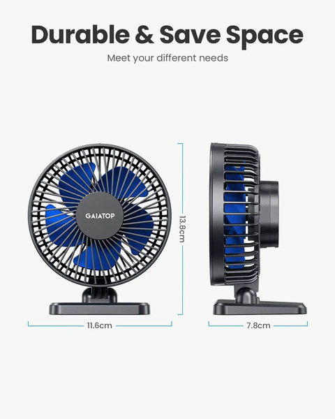 Front and side view of USB Desk Fan Personal Portable Cooler Tiny Yet Mighty With 3 Speeds Quiet Under 50dB Tabletop Fan For Home Office Car Travel Blue Ultra Lightweight Adjustable Tilt Head USB Powered Compact Comfort For Hot Summers