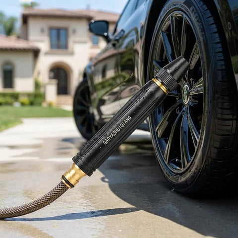 Beast Mode High Pressure Water Gun Nozzle with 360 Degree Rotating Jet Spray for car wash beside a black car tire