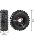 Upgraded 29 Inch Go Kart Rear Axle Kit With 4.10-6 Front And Rear Tires showing tire tread and dimensions.