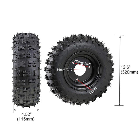 Upgraded 29 Inch Go Kart Rear Axle Kit With 4.10-6 Front And Rear Tires showing tire tread and dimensions.