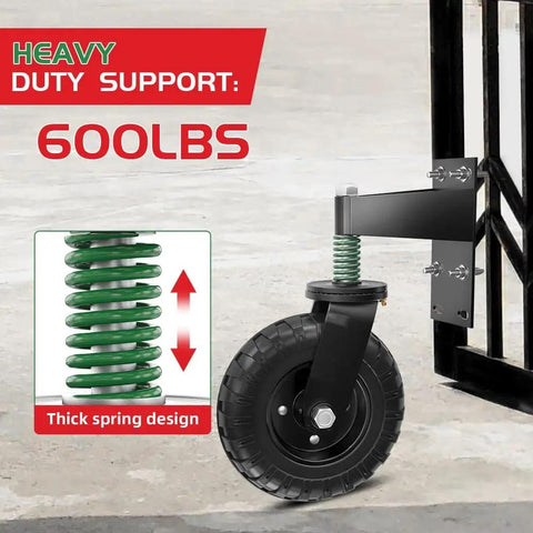 Heavy Duty 8 Inch Gate Wheel With 600 Lbs Capacity Spring Loaded 360 Degree Swivel All Terrain Gate Support For Metal Tube And Wooden Gates Includes U Bolts And Tools All Black attached to a gate