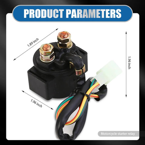 Heavy Duty Motorcycle Starter Relay 12 Volt Four Stroke Dirt Bike Kart Scooter Replacement showing dimensions and wiring details.