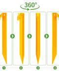 Heavy Duty 9 Inch Plastic Tent Stakes 10 Pack for tents and canopies, 360-degree view, bright orange ABS pegs.