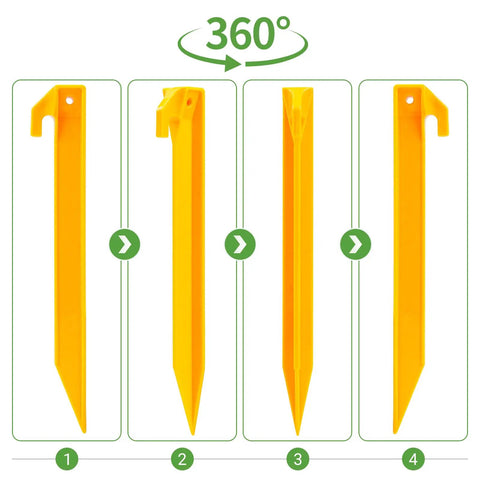 Heavy Duty 9 Inch Plastic Tent Stakes 10 Pack for tents and canopies, 360-degree view, bright orange ABS pegs.