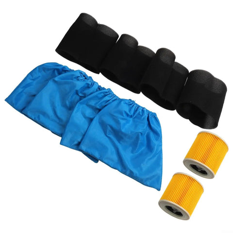 Premium HePa Filter And Textile Dust Bag 6 Pack For Vacuum Cleaners including blue textile bags and orange filters.