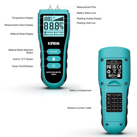 Pin Type Moisture Meter For Wood Walls Drywall Concrete And Paper With Digital LCD Readout Temperature In C F Hold Function Four Material Modes And Replacement Pins Included WM02 Pro Grade Handy Tool For Quick Accurate Readings, front and back view
