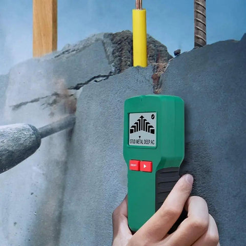 Pro Level Wall Detector And 4 In 1 Stud Finder Featuring Crisp Digital Screen scanning wall for hidden metal and AC wires.