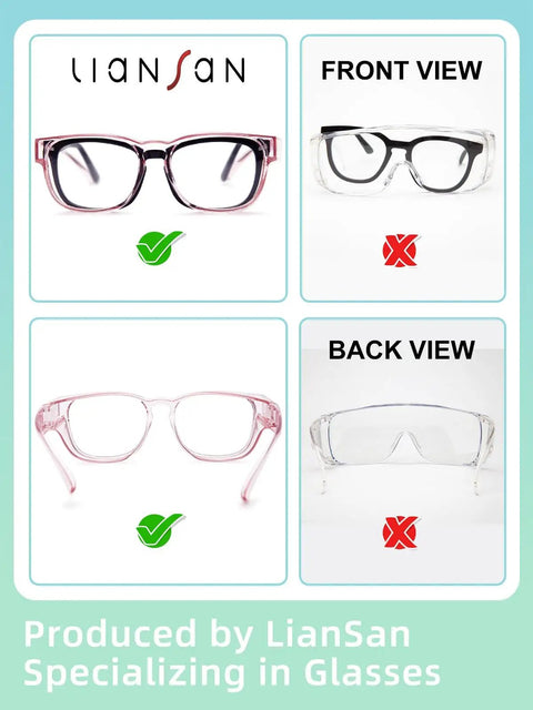 Comparison of safety glasses fit with prescription glasses showing light pink Safety Glasses That Fit Over Eyeglasses For Women Anti Fog Goggles ANSI Z87 1 Certified.