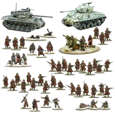 Winter US Army Bolt Action Starter Army Set with 28mm scale miniatures including plastic infantry and metal officer teams.