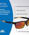 Polarized Safety Glasses With Performance Fog Technology, ANSI Z87 Plus, Anti Scratch Red Mirror Lenses In Tortoise Black Frame