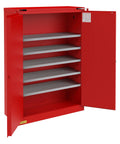 Heavy Hitter 60 Gallon Flammable Storage Cabinet Red Lockable Safety Container For Hazardous Chemicals with open doors and shelves.