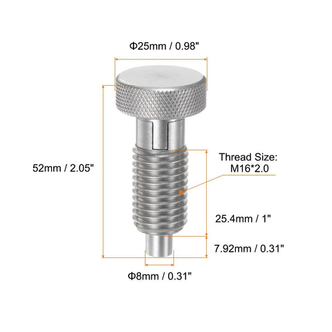 Top Shelf Stainless Steel Spring Plunger Featuring A Sweet Knurled Grip M16X2 Threads And Eight Mm Pin Non Locking Index Design Smooth Retracting Action Makes It A Solid Choice For Tough Industrial Projects Right Now, showing dimensions and threaded design.