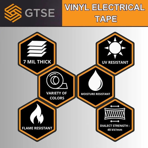 Bulk 48 Roll Carton Electrical Tape Black Waterproof Heavy Duty Pro Grade Vinyl Self Adhesive PVC Wire Insulation 2 Inch 66 Foot 7 Mil 600V UL CSA Listed For Pros And DIYers features icons showing thickness, UV resistance, moisture resistance, and more.
