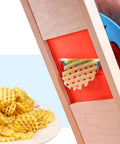 Blue Wave Waffle Crinkle Cutter Set, side view mounted in a wooden cabinet with waffle fries nearby