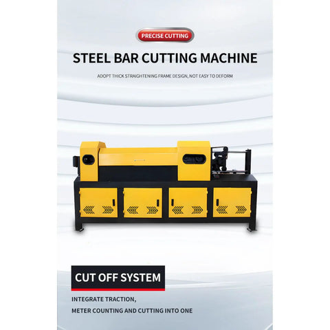 Heavy Duty Hydraulic Rebar Straightening And Cutting Machine 4-14mm Steel Bar Processor For Construction Sites showing yellow and black steel bar cutter.