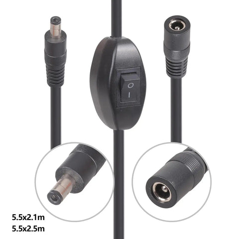 Heavy Duty Hella Reliable DC Extension Cable With Toggle Switch Slick Copper Build Plug And Play For Laptop Charging And Hardcore Gear Up To Thirty Six Volts And Fifteen Amps Measured At Fifty Centimeters showing connectors and toggle switch.