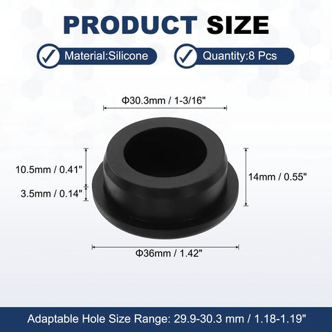 Eight Piece T Shaped Silicone Plugs 30.3mm Diameter Snap In Seal Round Rubber Stopper For 29.5 To 30.3mm Holes Tough Seal Waterproof Bulkheads Kitchen Basins And Equipment Snug Fit, showing product dimensions