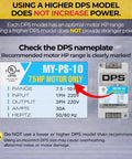 Digital phase converter with nameplate details, model MY-PS-10, UL listed, for 7.5HP motor, 220V input and output, warning label.
