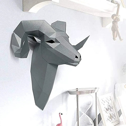 Geometric gray ram head wall decor with sharp angles, showcasing a unique design for modern home decoration.