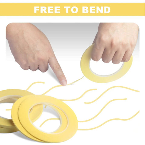 Hands bending Pro Grade Fineline Pinstripe Tape Set With Four Widths One Sixteenth Inch One Eighth Inch One Quarter Inch And One Half Inch And Sixty Yard Length For DIY Car Paint Art Masking Tape That Stays Put And Delivers Clean Lines For Sharp Auto Finishes