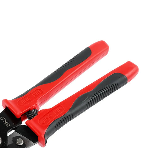 Close-up of red handle on Non Slip Snip Shears For Sheet Metal 9 Inch Manganese Steel Cutter with Labor Saving Lever, built to last.