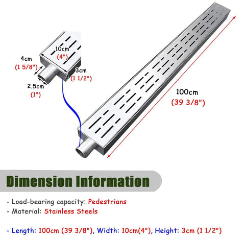 Heavy Duty 304 Stainless Steel Trench Drainage System Kit For Driveways Courtyards Lawns And Outdoor Paths With Hidden Grate French Drain Design Built Tough Concrete Trench Channel And Easy Install, dimension illustration showing 100cm length and 10cm width.