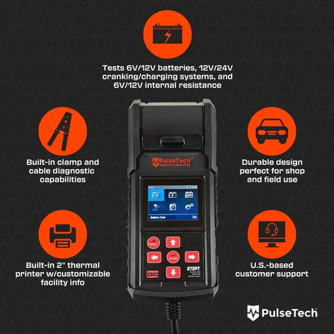 Heavy Duty Digital Battery Tester And Electrical System Analyzer With Built In Thermal Printer For Crank Charge Voltage And Internal Resistance showing interface and features.